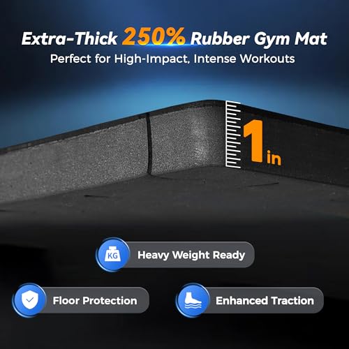 1" Extra-Thick Rubber Gym Mat - 12 Interlocking Tiles, Black/Grey