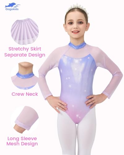 Ballet Leotard for Girls Long Sleeve Lace Dance Dress - Purple Mesh, 5-6 Years