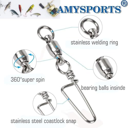AMYSPORTS High Strength Fishing Snap Swivels - Stainless Steel Ball