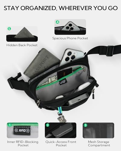 RFID Fanny Pack - 1.5L Anti-Theft Waist Bag with Extender Belt - Black