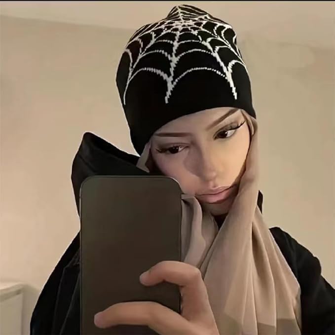 Gothic Spider Pattern Knitted Beanie Hat - Black