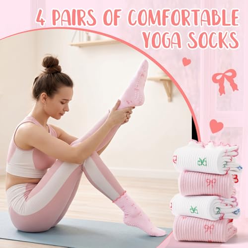 Pink & White 4 Pairs Women Pilates Socks Ruffle Grip Anti Slip Yoga Socks