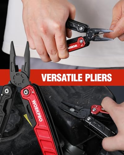 WORKPRO 11-in-1 Multitool Pliers with Red Pocket Clip & Sheath