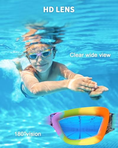 Hurdilen Mirrored Rainbow Kids Swimming Goggles with Nose Clip & Earplugs - Age 3-15