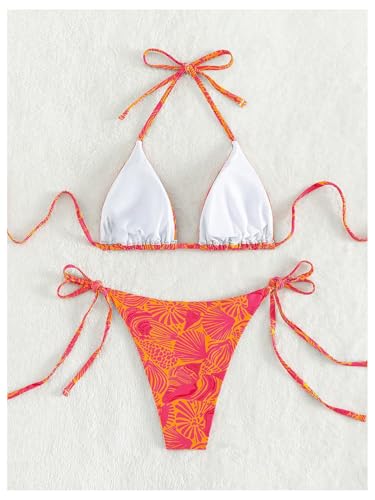 Polka Dot Beaded Bikini Set - Women's Halter Triangle Swimsuit