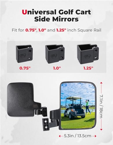 KEMIMOTO No Drilling Golf Cart Side Mirrors - Universal Rear View, Large 7.1x5.3 Inch, Adjustable & Vibration-Free
