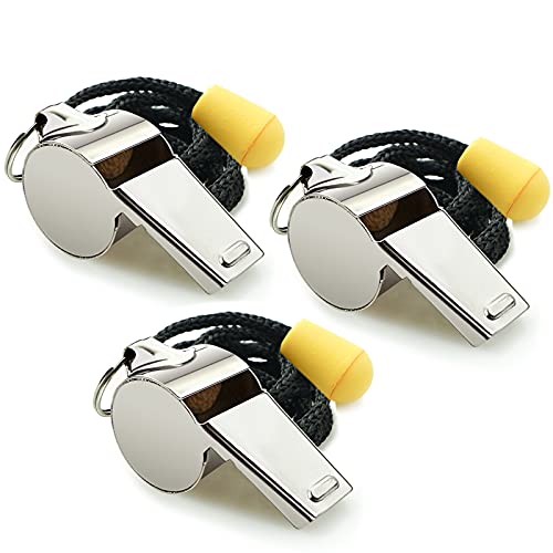 3 Pack Stainless Steel Sports Whistles with Lanyard - Loud Sound