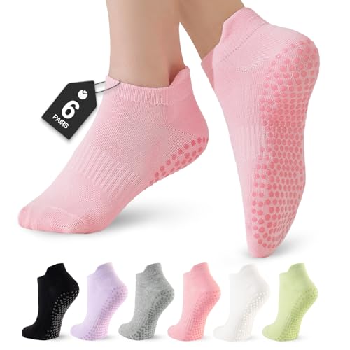Non-Slip Grip Pilates Socks for Women - 6 Pairs, Black+White+Gray+Pink+Purple+Green
