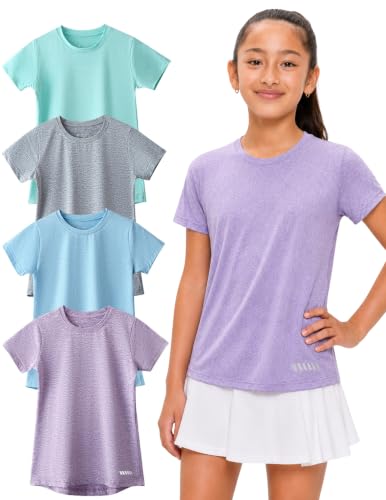 Liberty Pro Youth Girls Short Sleeve Athletic Shirts 4-Pack - Heather Lavender, Light Blue, Gray, Green, Large