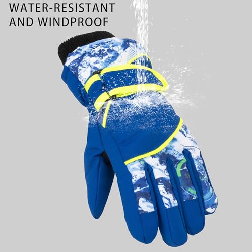 Kids Winter Ski Gloves - Windproof Water-Resistant Warm Mittens - Blue, Medium