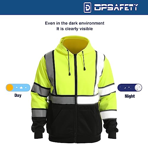 High visibility Hoodie for Men,Class3 Hi Vis Hoodie with Zipper,Reflective Hooded Hood,Construction work Safety Sweatshirt with Large front Pocket for Men/Women Black Bottom£¬Large