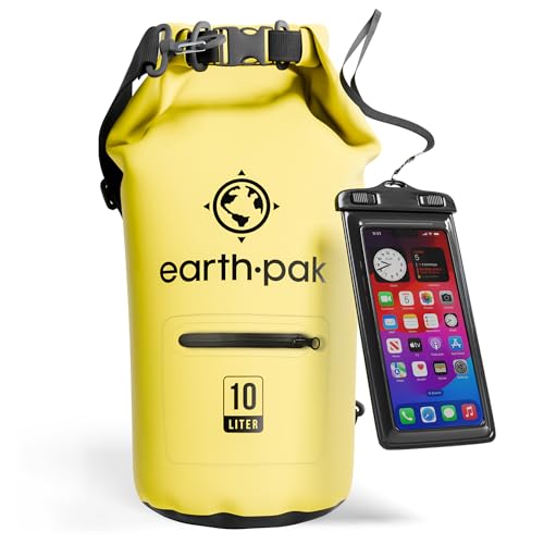 Earth Pak 10L Waterproof Dry Bag with Zippered Front Pocket Yellow | Floats & Rolls Seal