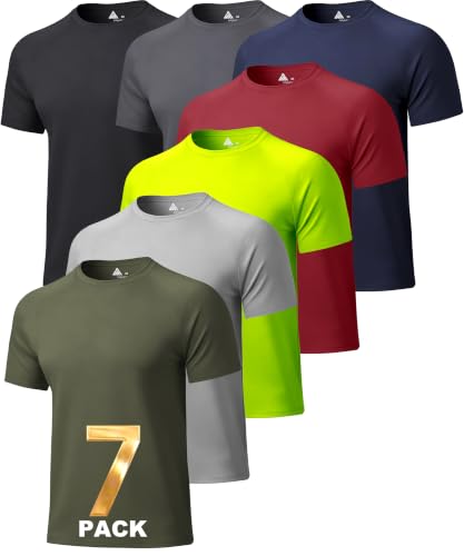 7 Pack Men's Quick Dry Athletic T-Shirts - Large, Red, Green, Grey, Blue, Neon Green, Dark Grey