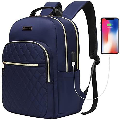 Vintage Canvas Backpack with USB Port - Quilted Blue, 15.6 Inch