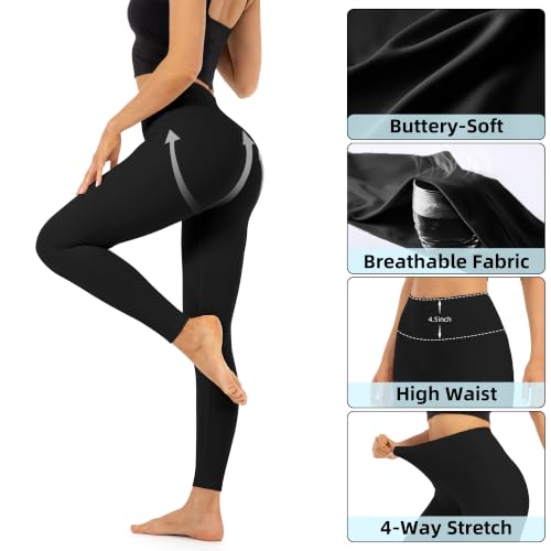 High Waisted Leggings for Women - Tummy Control, Full Length No Pocket, Black