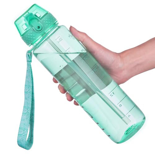 GOPPUS 32oz Light Green Water Bottle with Straw, Time Marker, Leak-Proof Cap