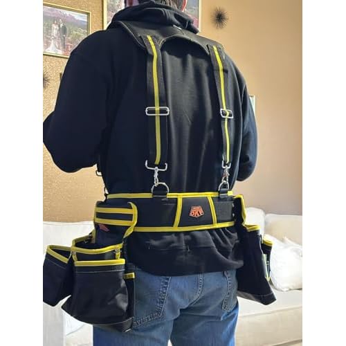 OKF 6-Piece Tool Belt with Suspenders,Magnetic Phone Holder and Hand Drill Tool Pouch Tool Rig for Framers Electrician 1680D Polyester Fabric,20 pockets,Black & Yellow,36-49In,5.5lb
