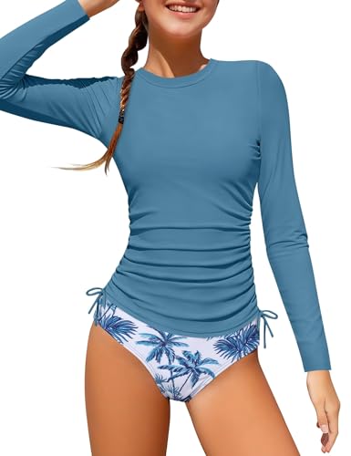 Perdeca Girls Rash Guard Swimsuit Set Navy Blue 11-12Y Ruched Long Sleeve 2-Piece