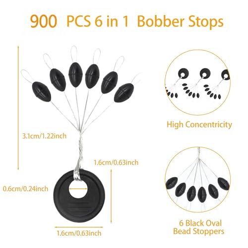 900 PCS Rubber Bobber Stops - 6 in 1 Fishing Float Stop Kit
