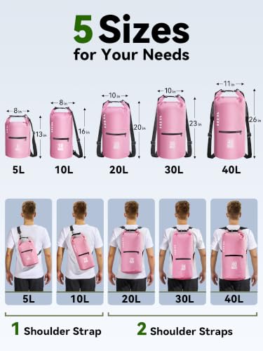 HEETA 5L Pink Waterproof Dry Bag with Front Zip Pocket, Roll-Top Closure