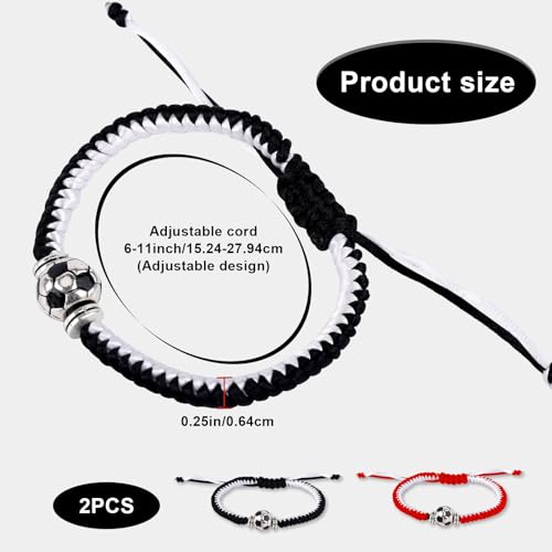Adjustable Braided Football Bracelets - 2 Pack, Red & White, Black & White
