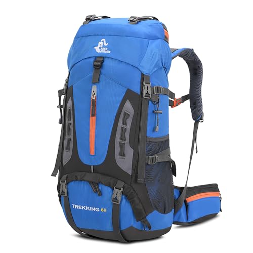 Bseash 60L Waterproof Hiking Camping Backpack with Rain Cover - Light Blue