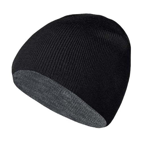 Reversible Beanie Knit Winter Hat for Men & Women - Black/Grey