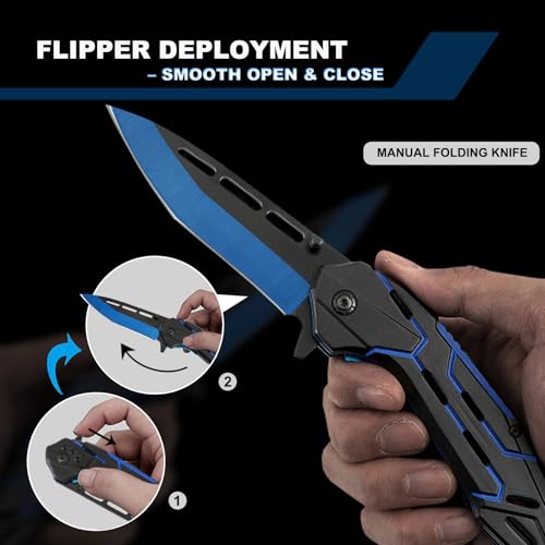 Folding Pocket Knife with Clip - EDC Tactical Knife - Black/Blue