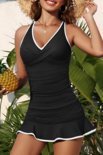 Aqua Eve Two-Piece Tankini Swimsuit with Skirts - Tummy Control, Ruched Twist Front, Large Black & White
