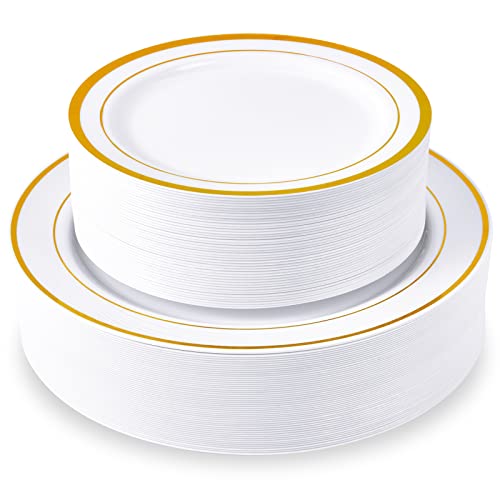 Gold Disposable Plastic Plates Set - 100 Pack | 10 & 7 Inch Party Tableware