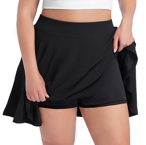 SEKINO Women's Plus Size Black Stretch Flared Pleated Skirt with Pockets 3X