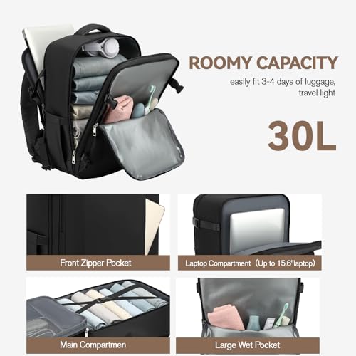 Lossga 30L Travel Backpack — Airline-Approved Personal Item 18x14x8 (Black)