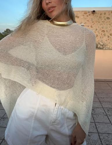Seyurigaoka Creamy White Sheer Poncho Top with Off-Shoulder Mesh Cover Up - One Size