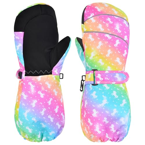 Kids Waterproof Ski Gloves - Toddler Mittens, Rainbow Unicorn, Small