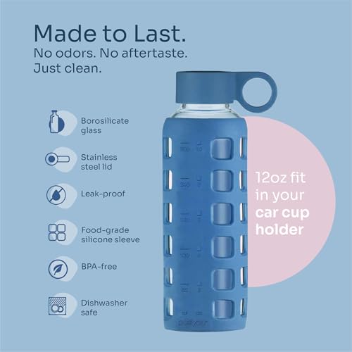 purifyou 12oz Borosilicate Glass Water Bottle with Time & Volume Markers, Silicone Sleeve, Stainless Steel Lid, for Water & Juice – Chinese Porcelain Variant