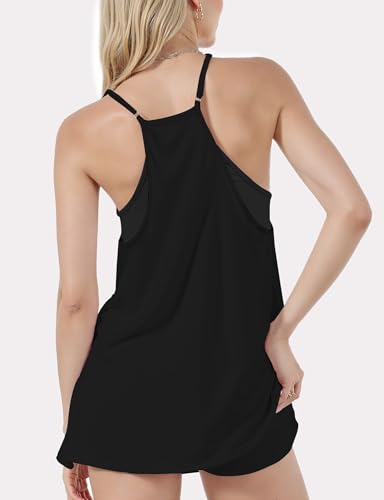 Summer Sleeveless Mini Rompers Dress with Built-in Shorts - Black, Small