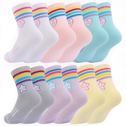 Girls Athletic Crew Socks - 6 Pairs for Ages 6-8 - Pink, Blue, Gray & More