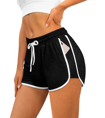Womens Athletic Running Shorts - Color Block Dolphin with Pockets - Black, Medium