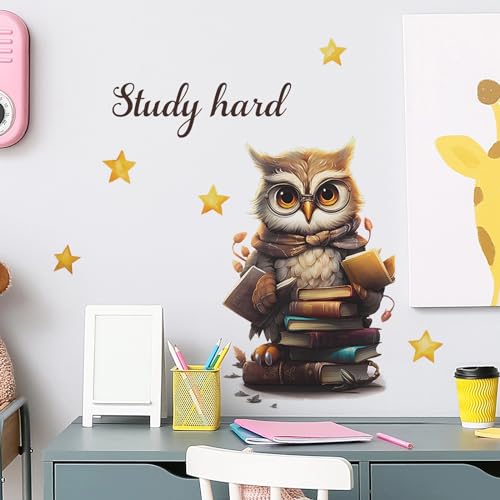 Cute Owl Books Stars Educational Wall Stickers, sacinora Study Hard Reading Corner Wall Decals Removable Vinyl Peel and Stick for Kid Baby Boy Girl Study Room Bedroom Classroom Nursery Art Decor