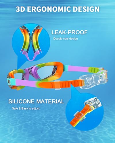 Hurdilen Mirrored Rainbow Kids Swimming Goggles with Nose Clip & Earplugs - Age 3-15