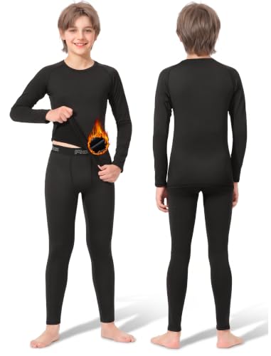 Rolimaka Boys Thermal Underwear Set Large Black Fleece Lined Long Johns - Compression Base Layer for Cold Weather Sports