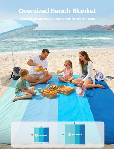Lamicall Oversized 7.4x7.4 FT Sandproof Waterproof Beach Blanket, Lightweight & Quick Dry, Blue