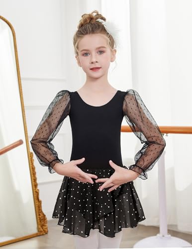 Gymnastics Ballet Leotard for Girls - Mesh Puff Long Sleeve - Black, 4-5T
