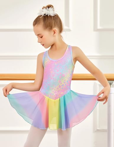 Arshiner Girls 4-5T Rainbow Leopard Hollow Back Ballet Leotard with Skirt - Sleeveless Dance Dress