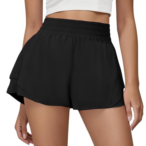 FireSwan Women's 2-in-1 Butterfly Flow Athletic Running Shorts - Black, Medium