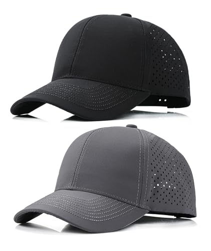 LIRUHOXA 2 Pack Snapback Hats for Men Women - Quick Dry Workout Caps, Dark Grey & Black