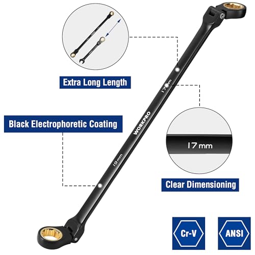 WORKPRO Metric Extra Long Flex-Head Ratcheting Wrench Set, 5-Piece, Anti-Slip, 8-19mm