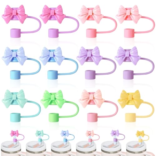 12 Pcs Cute Bow Straw Cover Caps - BPA-Free Silicone