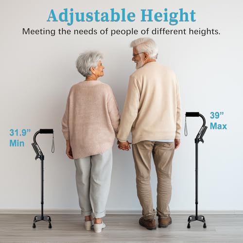 AOHHL Black Foldable Quad Walking Cane with Adjustable Height & Soft Handle – Lightweight, Sturdy, Self-Standing Support for Seniors & Adults - Model: black1