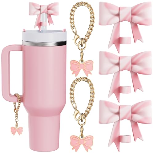 Bow Straw Topper Set - 3PCS Pink & White Charms for Tumblers